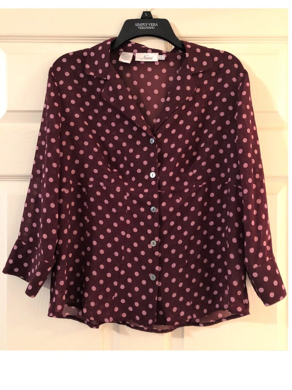 Naomi Burgundy With Polka Dot Sheer Button Down Blouse size Medium
